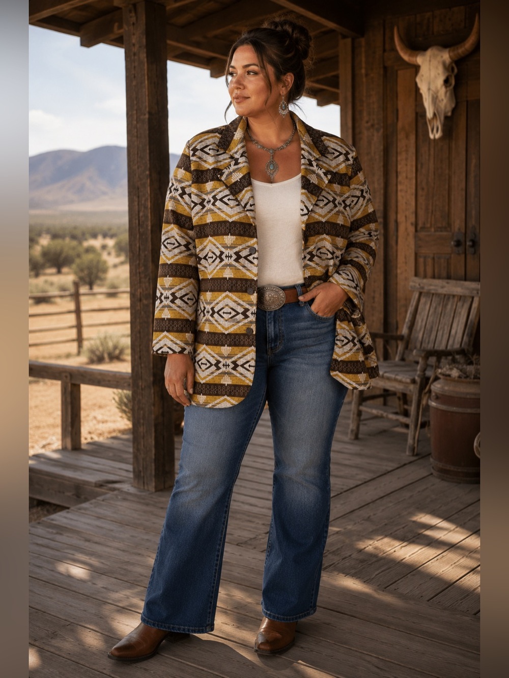 Silverado Southwestern Geometric Blazer Jacket Brown Mustard Boho Western Size L